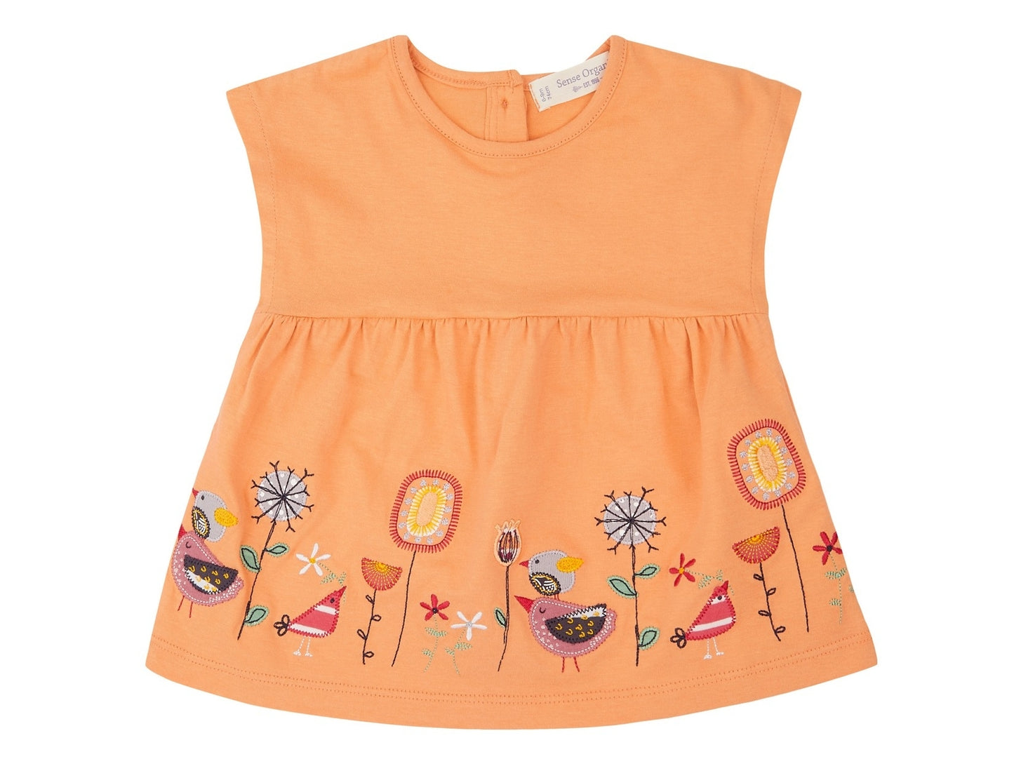 AURORA Baby Tunika – Lachsrosa mit zarter Vogel- und Blumenstickerei aus Bio-Baumwolle - Sense Organics