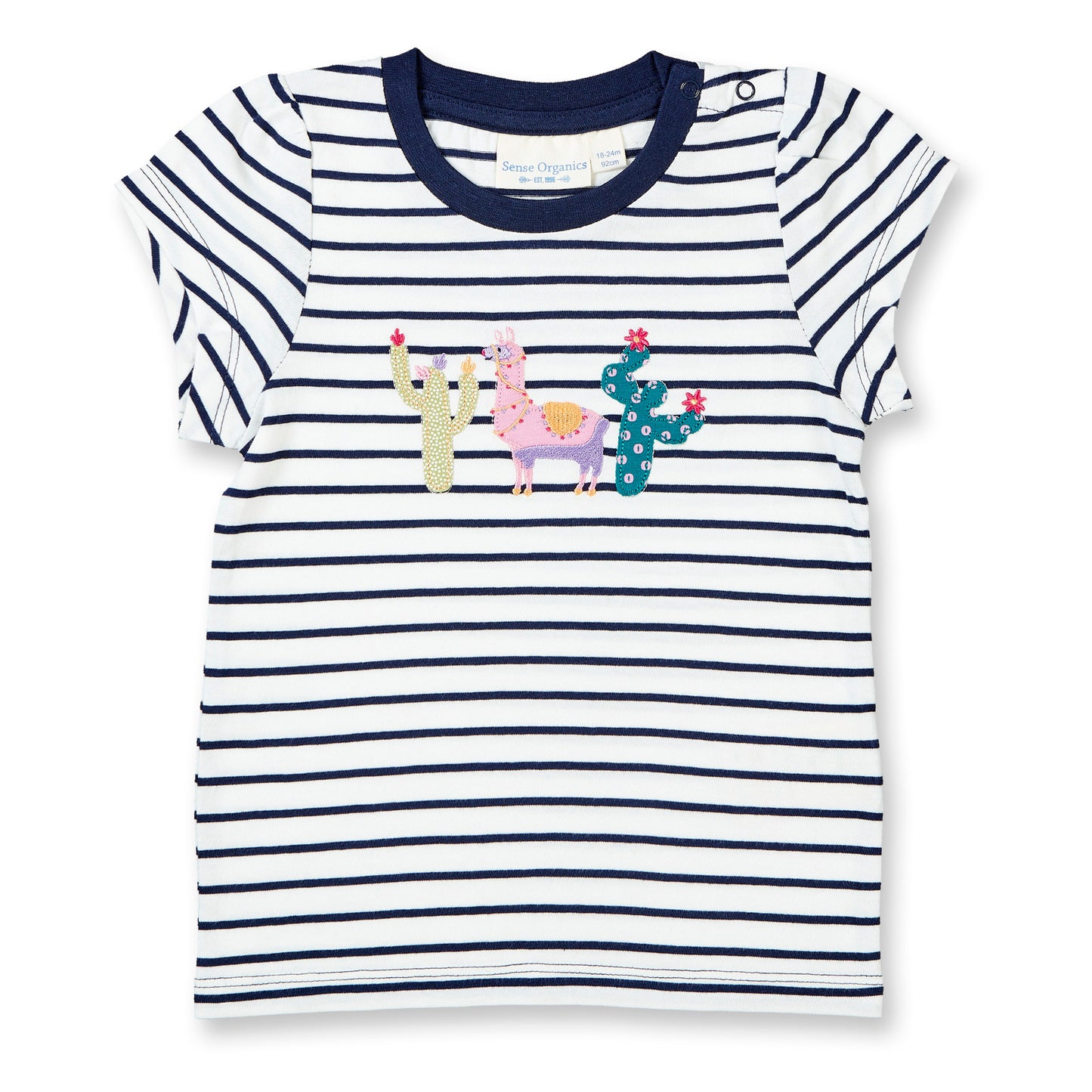 GADA Baby- und Kinder-T-Shirt – Blau-weiß gestreift mit süßem Lama-Stick - Sense Organics