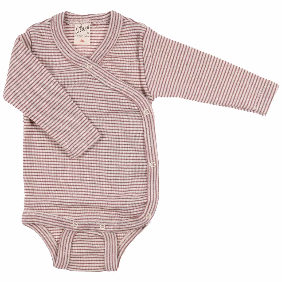 Baby Wickel-Body Wolle/Seide – Ringel Mauve, Lilano, weich & hautfreundlich aus der Schwäbischen Alb