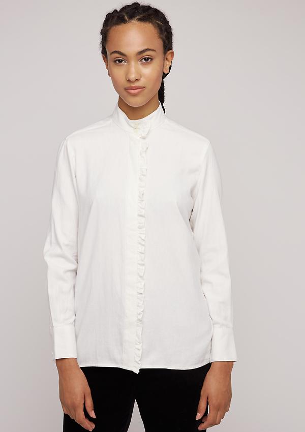 Clementine Shirt Damen – Handgewebt, Bio-Baumwolle, Hoher Kragen, Rüschen-Detail, Verlängerte Bündchen