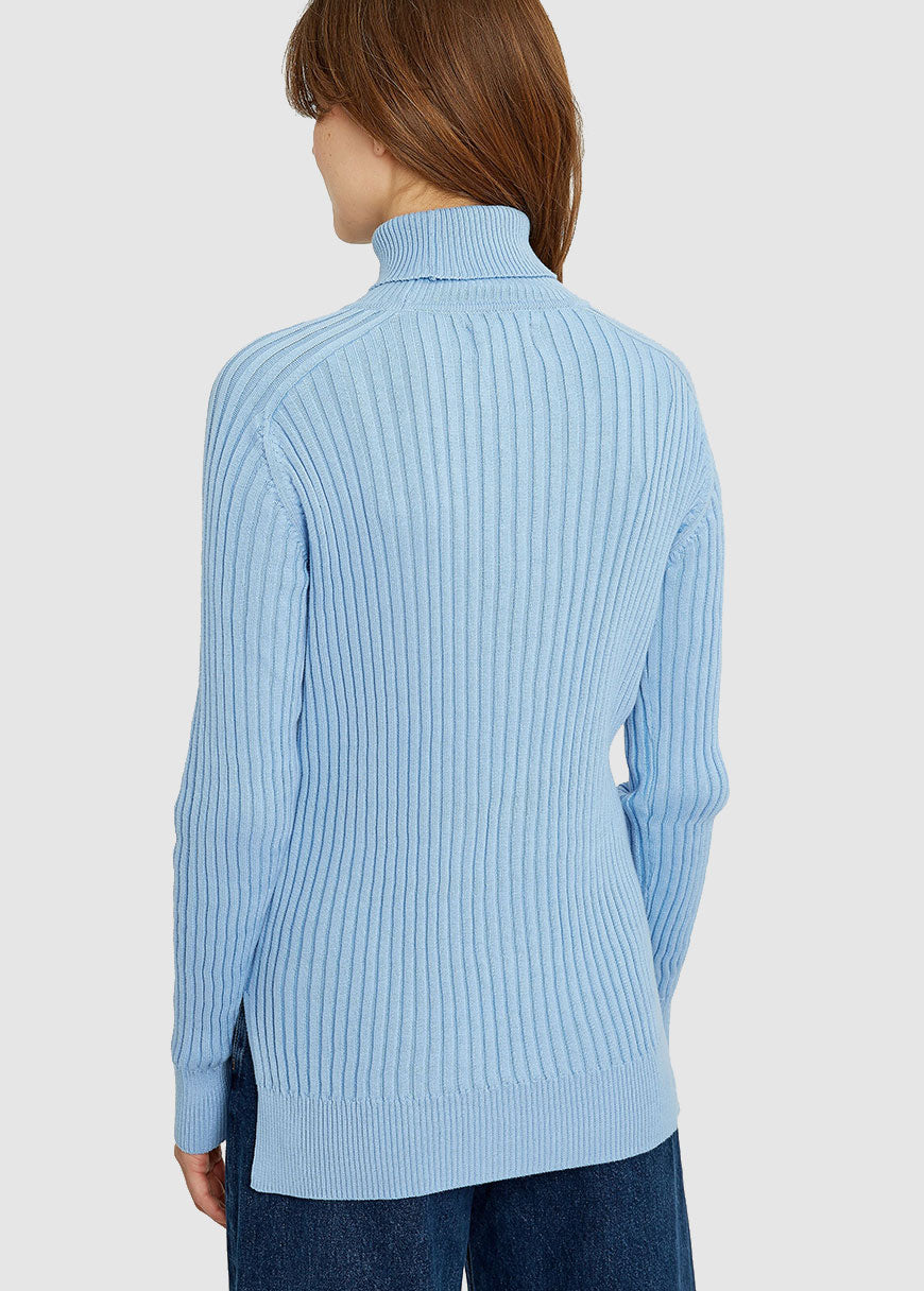 Dora Pullover Damen – Hellblau, Rollkragen, Bio-Baumwolle, Vegan, Langarm, Strick-Pullover Unifarben