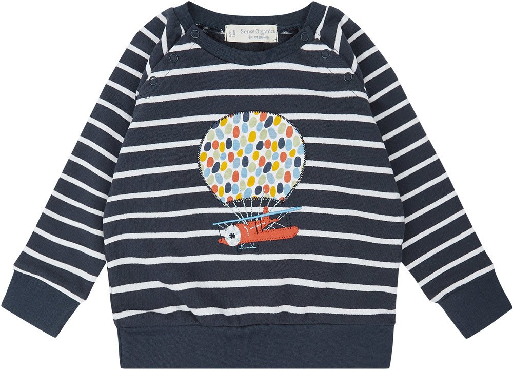 LAKA Baby Pullover – Navy Streifen mit Heißluftballon-Stickerei | Sense Organics