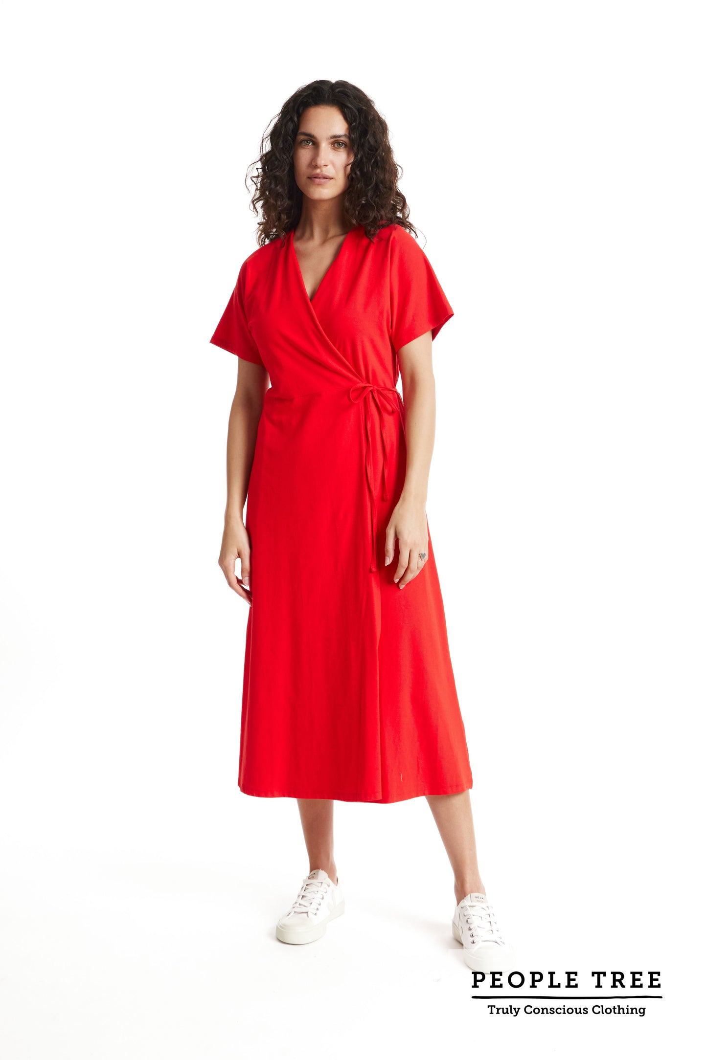 People Tree Leora Wrap Dress – Rotes Wickelkleid aus Fairtrade & GOTS-zertifiziertem Bio-Baumwolljersey
