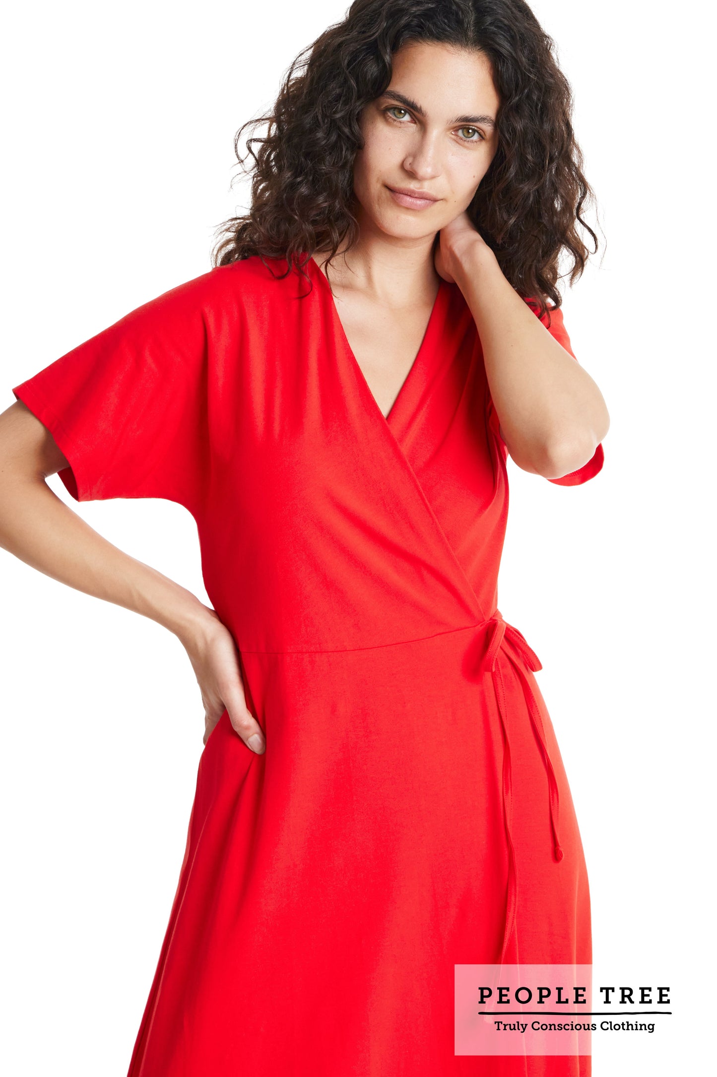 People Tree Leora Wrap Dress – Rotes Wickelkleid aus Fairtrade & GOTS-zertifiziertem Bio-Baumwolljersey