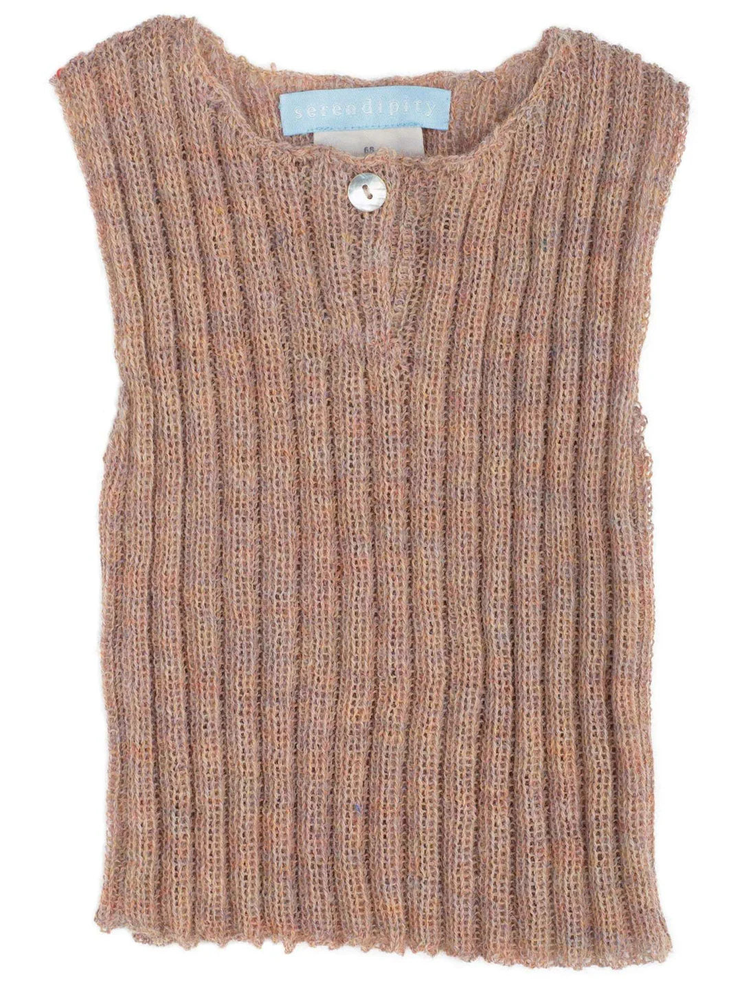 Weiche Weste von Serendipity aus 100% Baby-Alpaka-Wolle. Es hat einen schönen Perlmuttknopf vorne am Hals und eine schmale Passform. Perfekt, um die Kleinen warm und bequem zu halten.