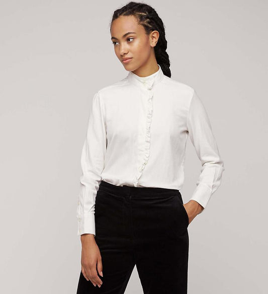 Clementine Shirt Damen – Handgewebt, Bio-Baumwolle, Hoher Kragen, Rüschen-Detail, Verlängerte Bündchen