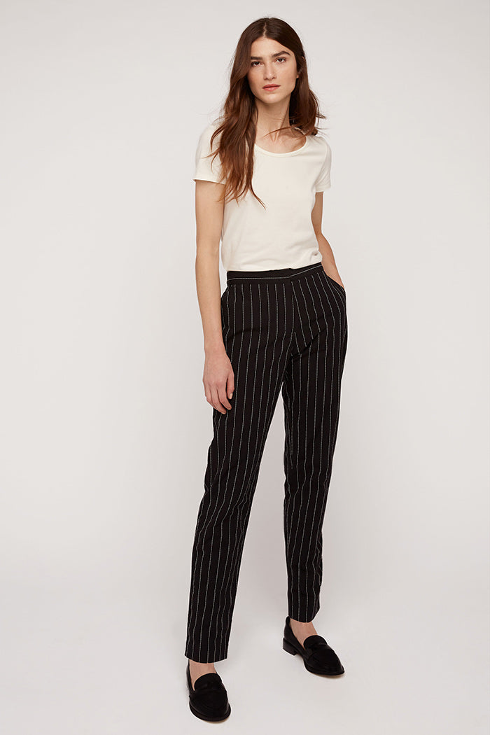 Croin Pinstripe Hose Damen – Handgewebt, People Tree, Schwarz-Weiß, Gummibund, Nachhaltige Stoffhose